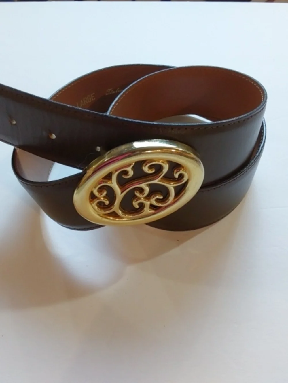 Talbots| Vintage 80's Brown Leather Belt with Gold Tone Filigree Oval Buckle L